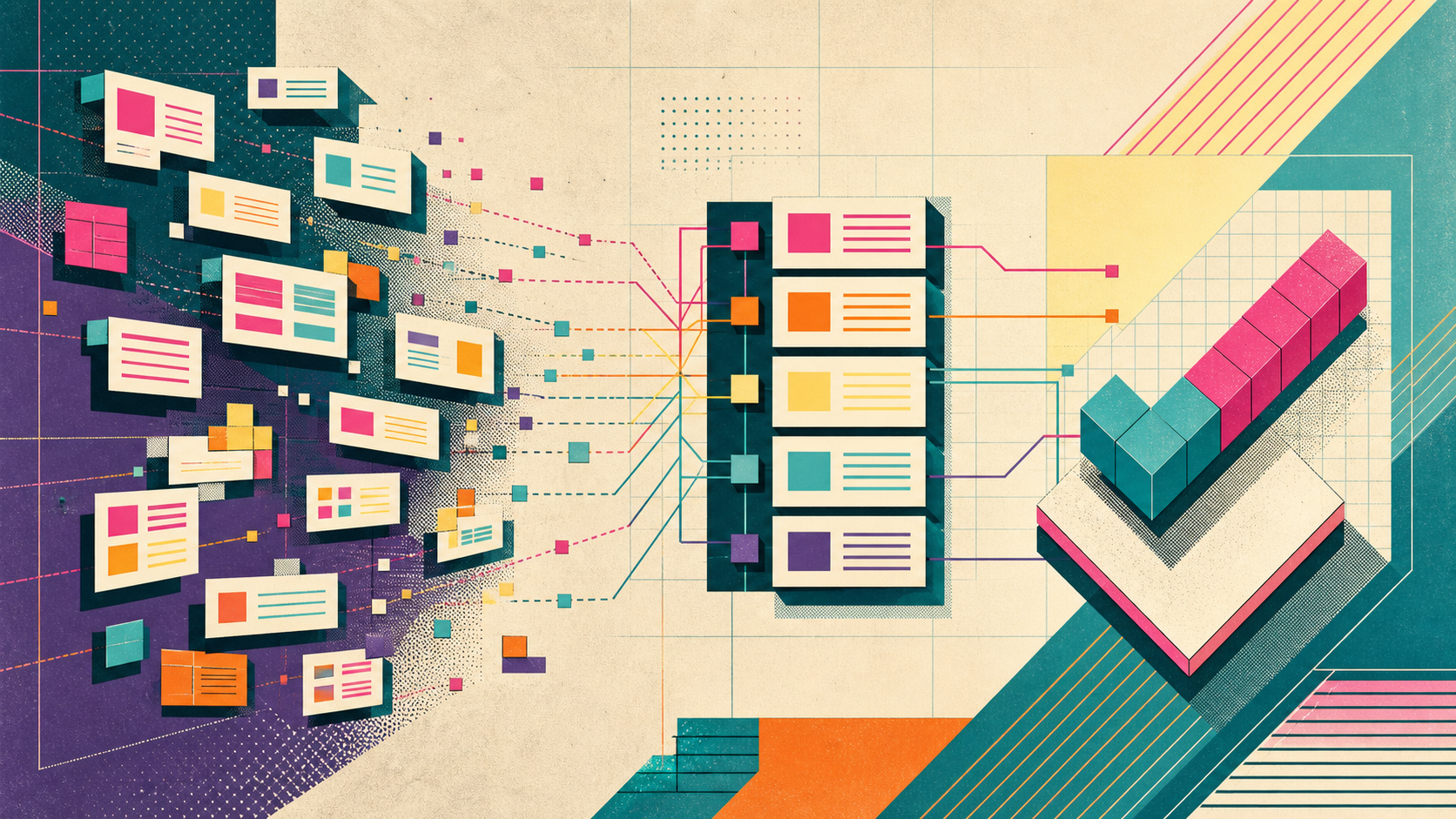 Retro-editoriale illustratie over gestructureerde informatie voor zoekmachines en AI