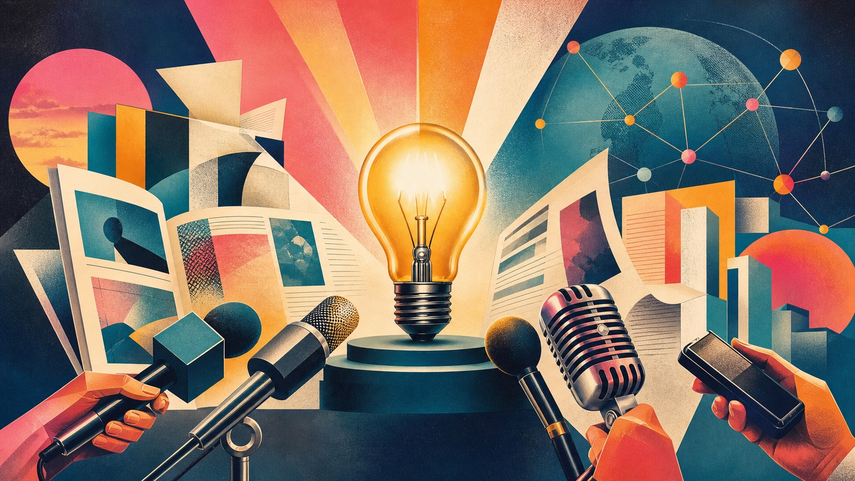 Retro-editoriale illustratie over pers, public relations en externe autoriteit